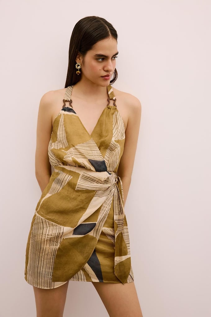 Wrap-Style Mini Camel Dress