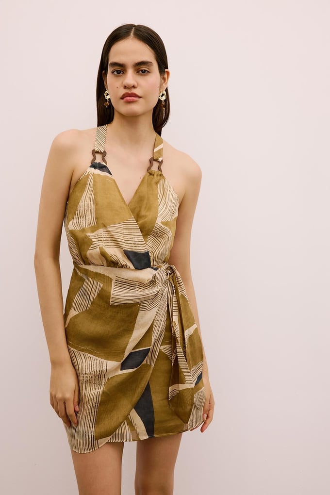 Wrap-Style Mini Camel Dress