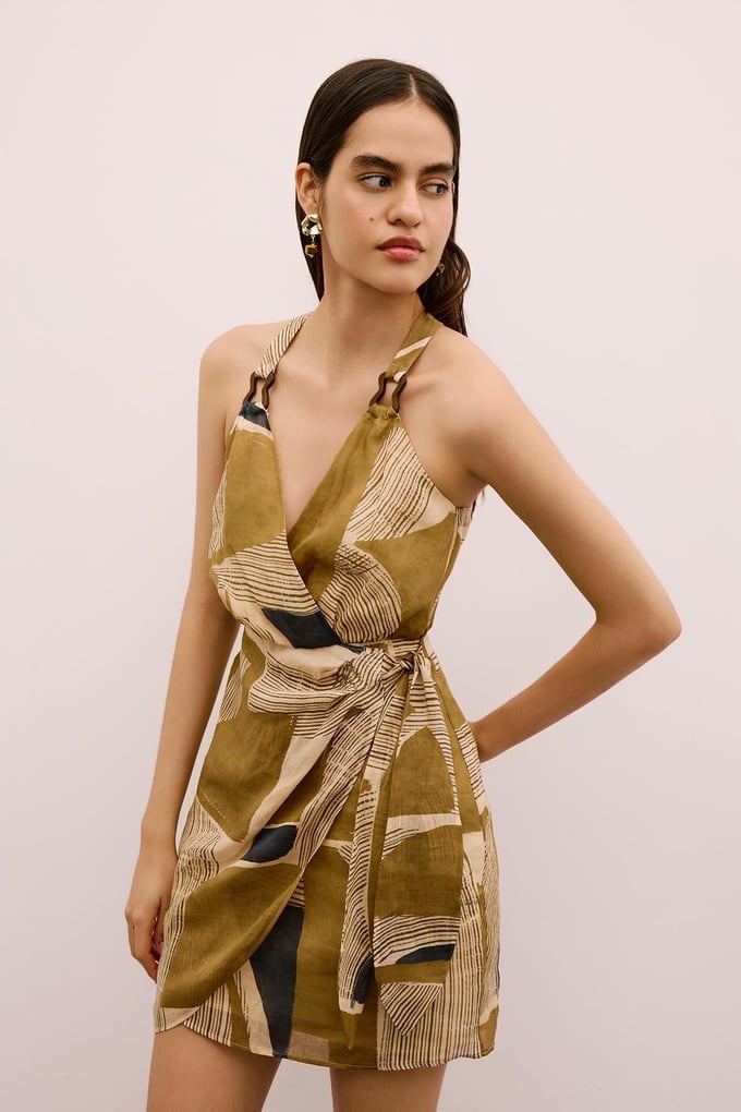 Wrap-Style Mini Camel Dress