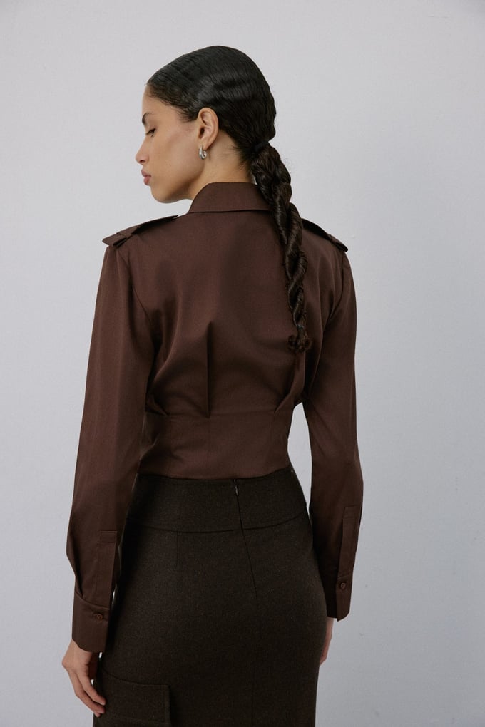 Epaulette Long Sleeve Crop Brown Shirt