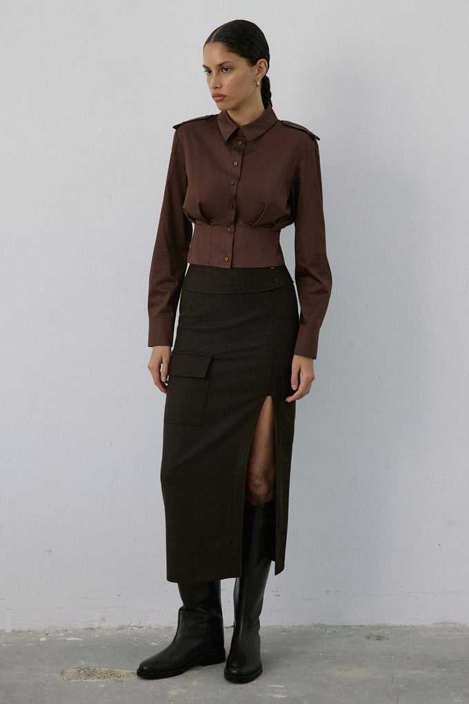 Epaulette Long Sleeve Crop Brown Shirt