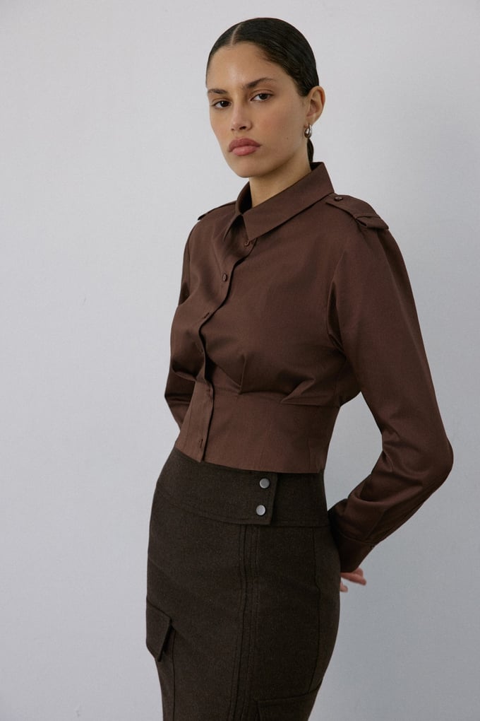 Epaulette Long Sleeve Crop Brown Shirt