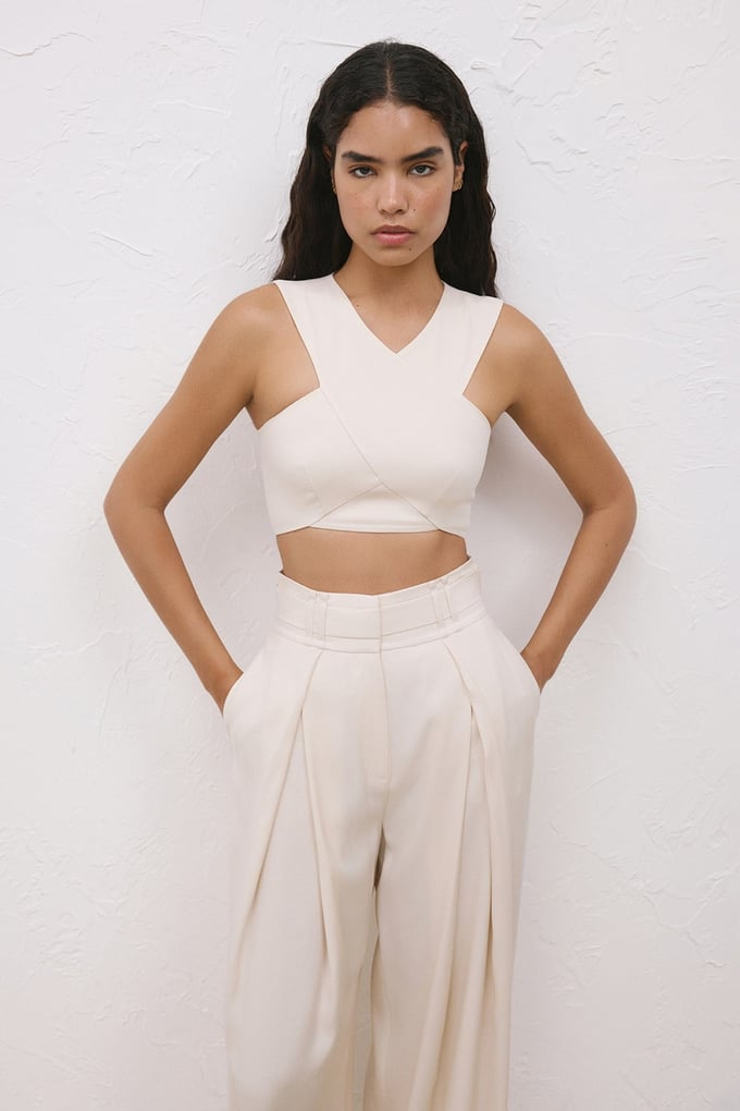 Back Zippered Double Breasted Crop Beige Bustier