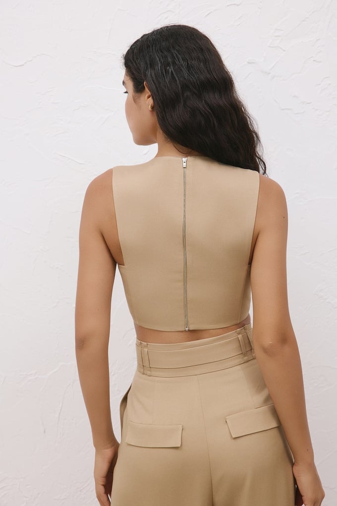 Back Zippered Double Breasted Crop Camel Bustier