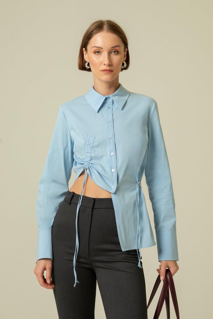 Asymmetric Ruched Detail Blue Crop Shirt