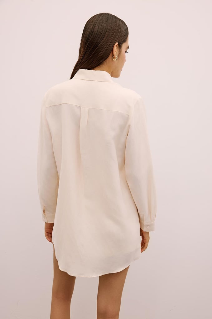 Asymmetric Detailed Long Ecru Shirt