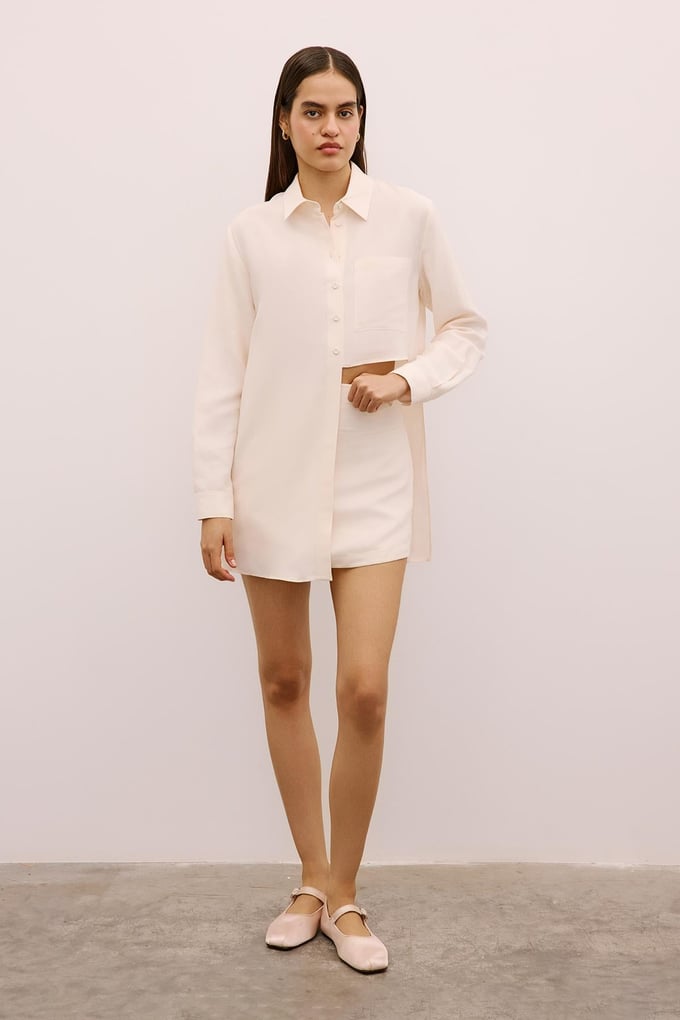 Asymmetric Detailed Long Ecru Shirt