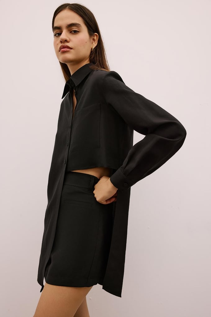 Asymmetric Detailed Long Black Shirt