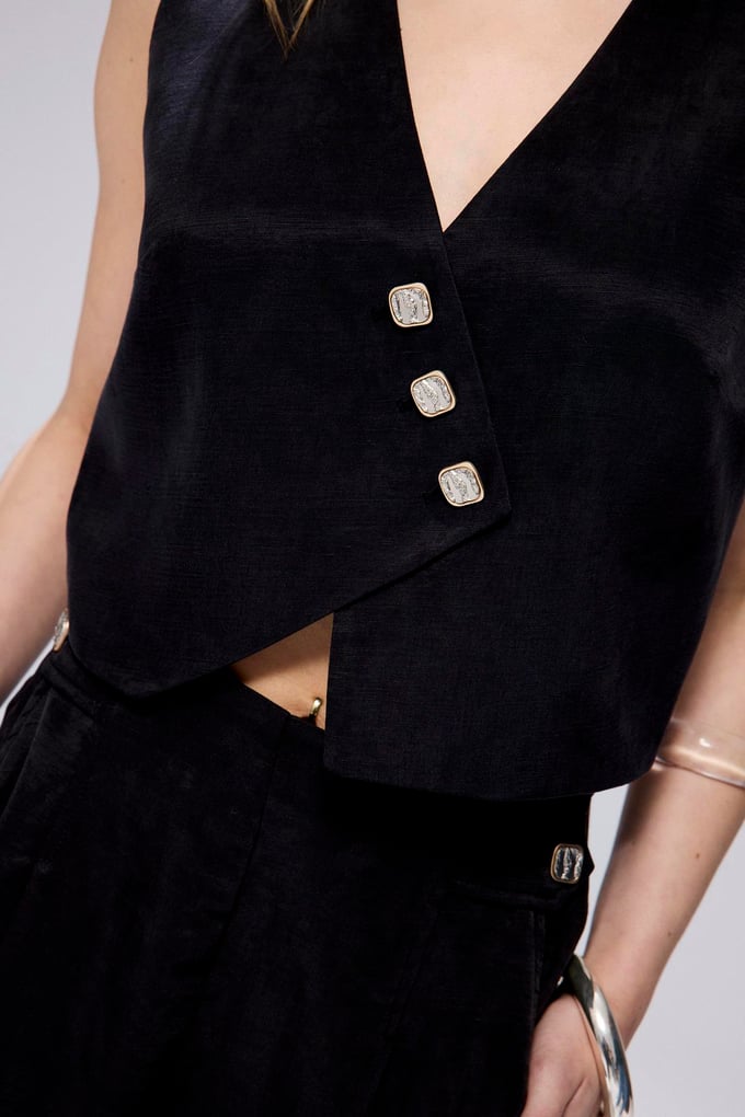 Asymmetrical Button Closure Black Vest