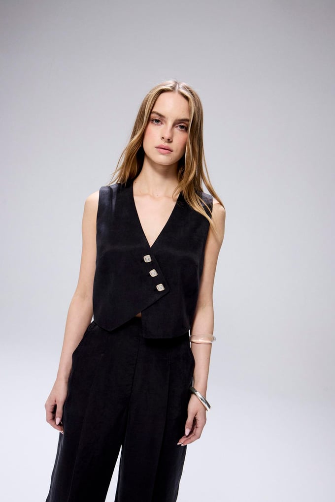Asymmetrical Button Closure Black Vest