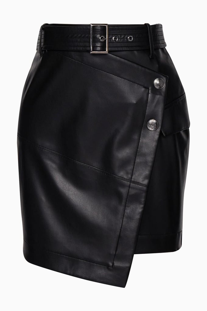 Asymmetric Cut Belted Black Faux Leather Skirt