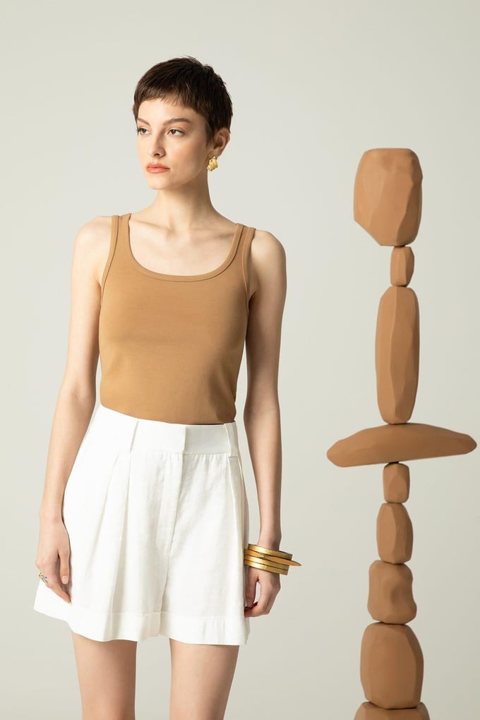 Strappy Square Neck Camel Blouse