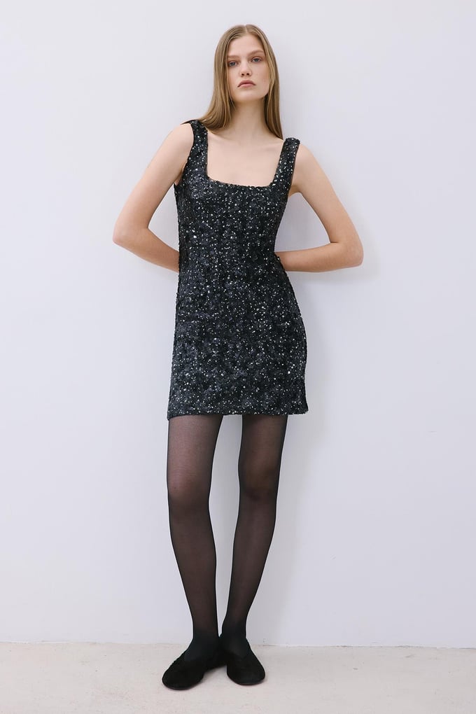 Black Sequin Mini Dress with Straps