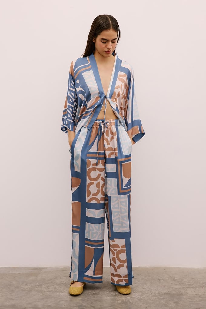 Drawstring Detailed Patterned Long Indigo Trousers