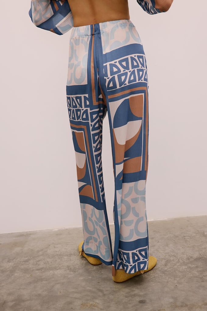 Drawstring Detailed Patterned Long Indigo Trousers