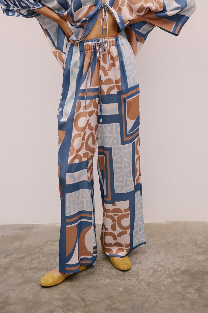 Drawstring Detailed Patterned Long Indigo Trousers