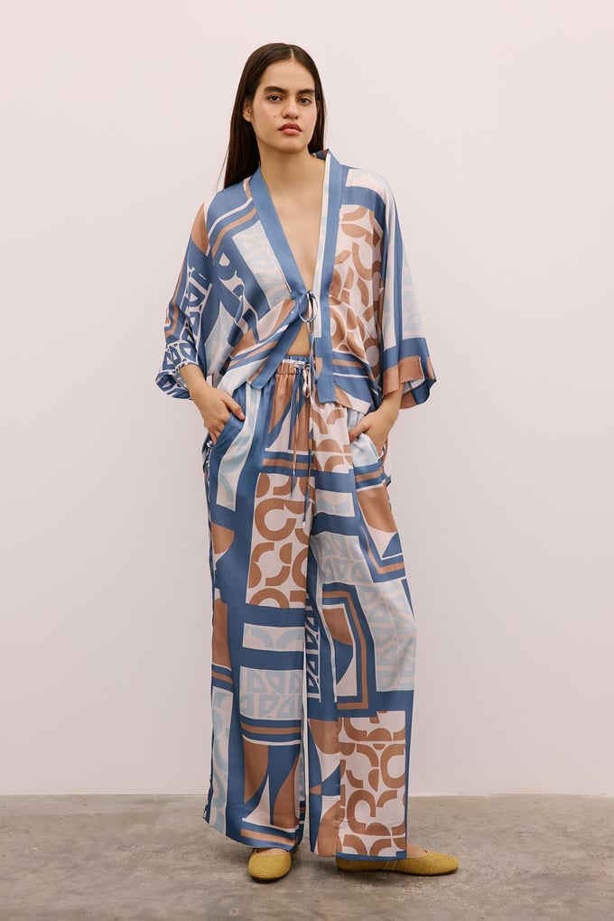 Drawstring Detailed Patterned Long Indigo Trousers