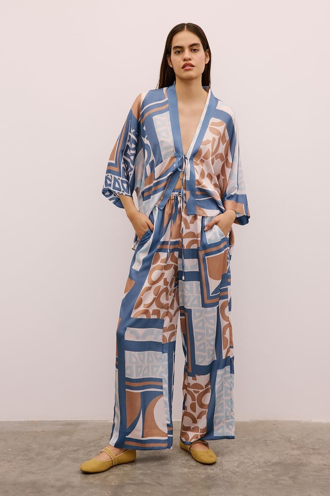 Drawstring Detailed Patterned Long Indigo Trousers