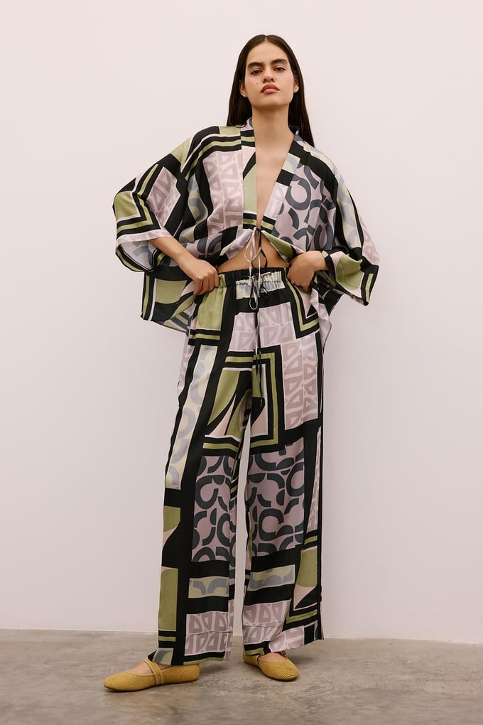 Drawstring Detailed Patterned Long Black Trousers
