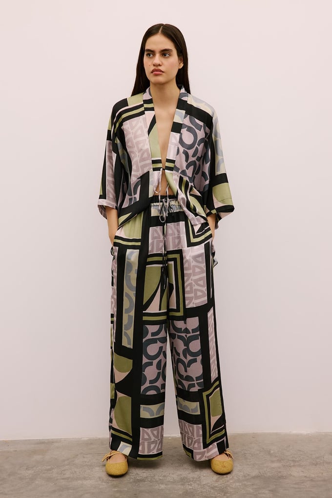 Drawstring Detailed Patterned Long Black Trousers