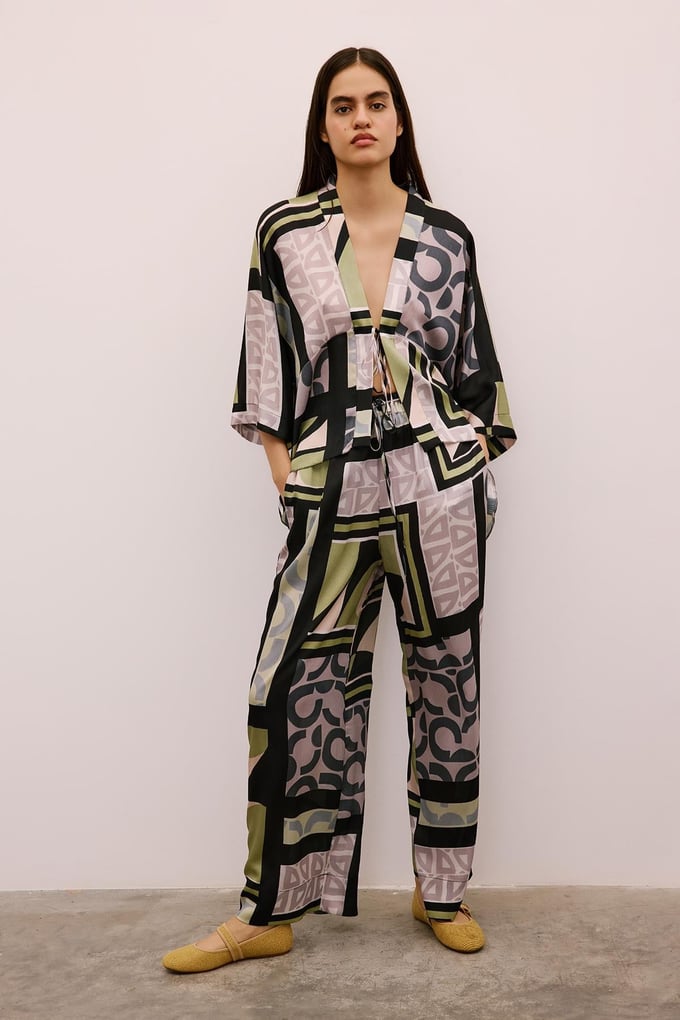 Drawstring Detailed Patterned Long Black Trousers