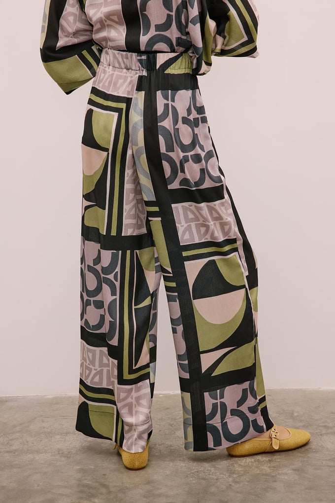 Drawstring Detailed Patterned Long Black Trousers