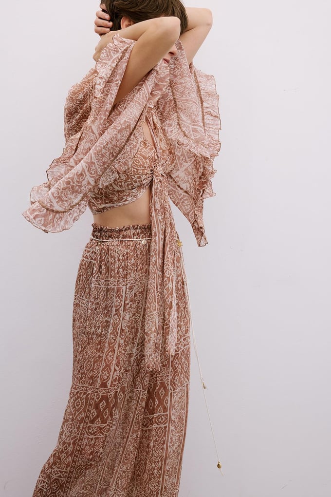 Tie-Front Patterned Camel Crop Blouse