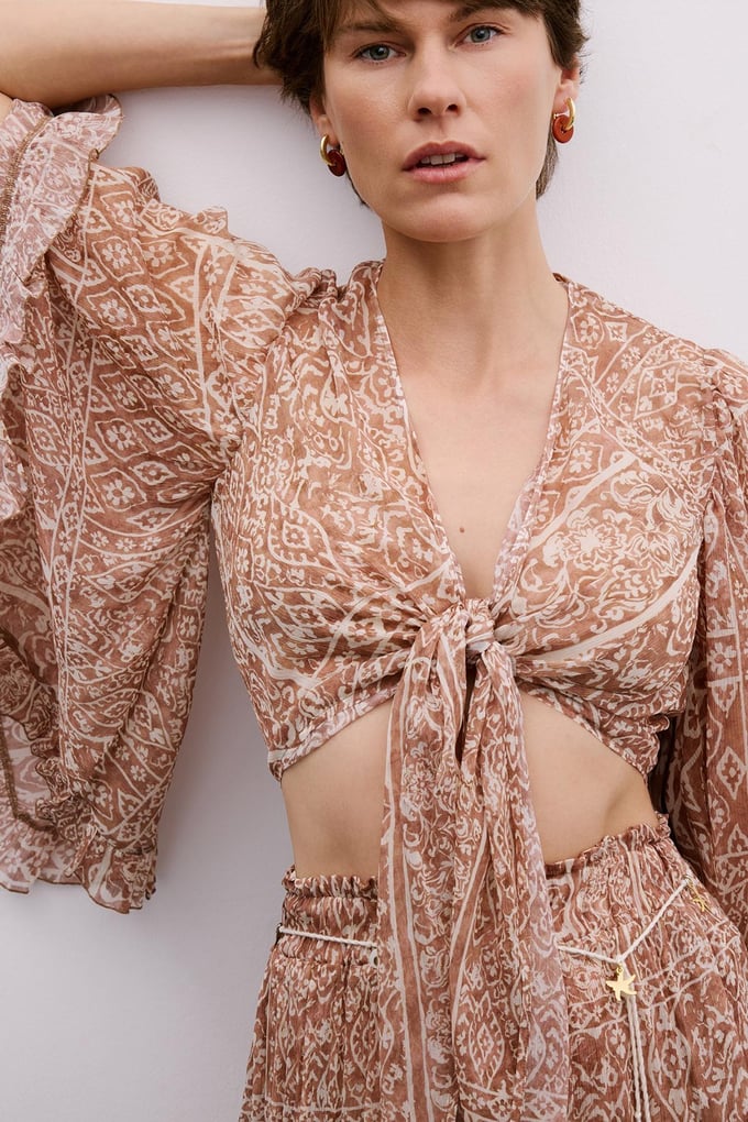 Tie-Front Patterned Camel Crop Blouse