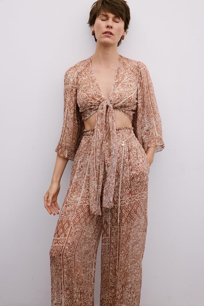 Tie-Front Patterned Camel Crop Blouse