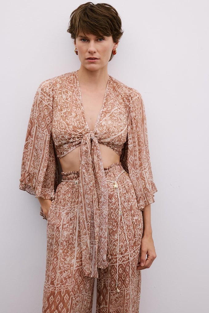 Tie-Front Patterned Camel Crop Blouse