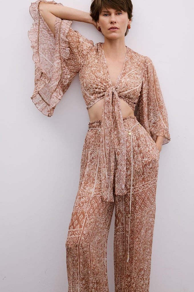 Tie-Front Patterned Camel Crop Blouse