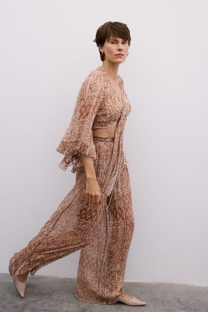 Tie-Front Patterned Camel Crop Blouse