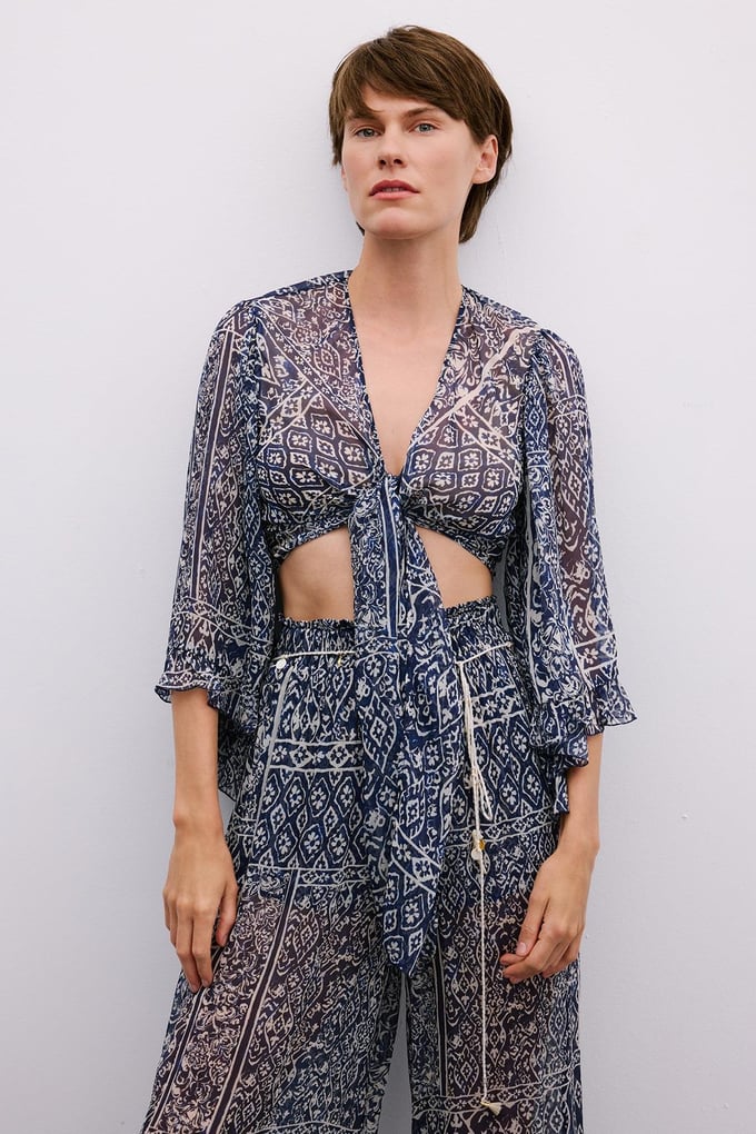 Tie-Front Patterned Navy Crop Blouse