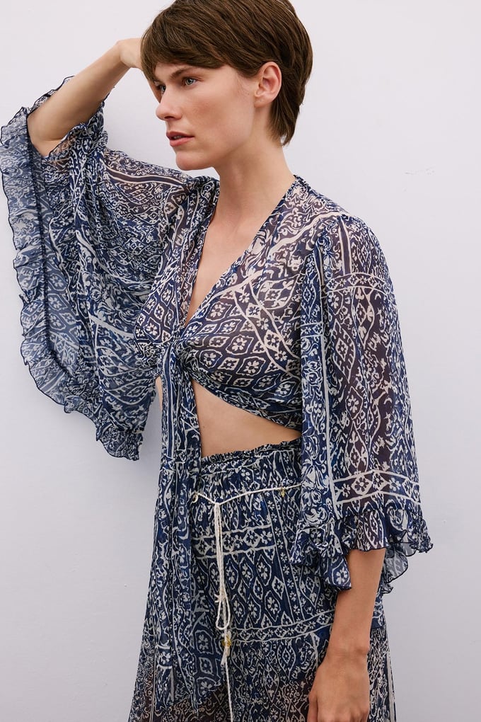 Tie-Front Patterned Navy Crop Blouse