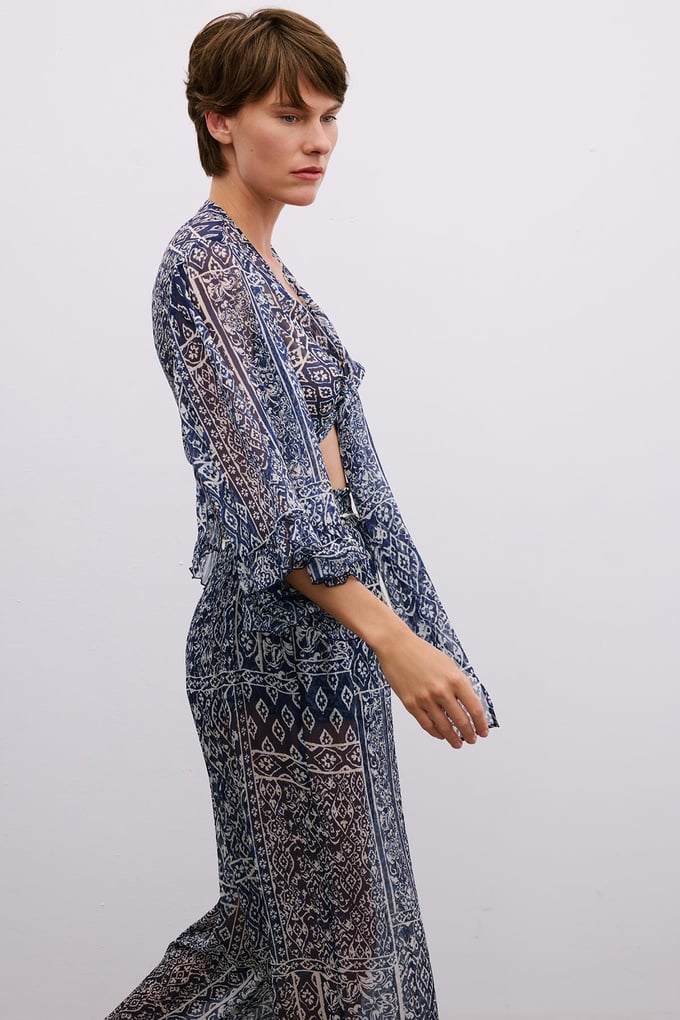 Tie-Front Patterned Navy Crop Blouse
