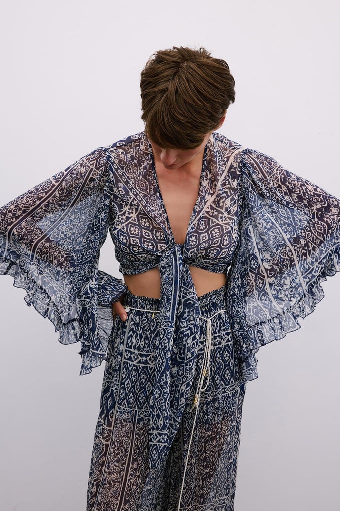 Tie-Front Patterned Navy Crop Blouse