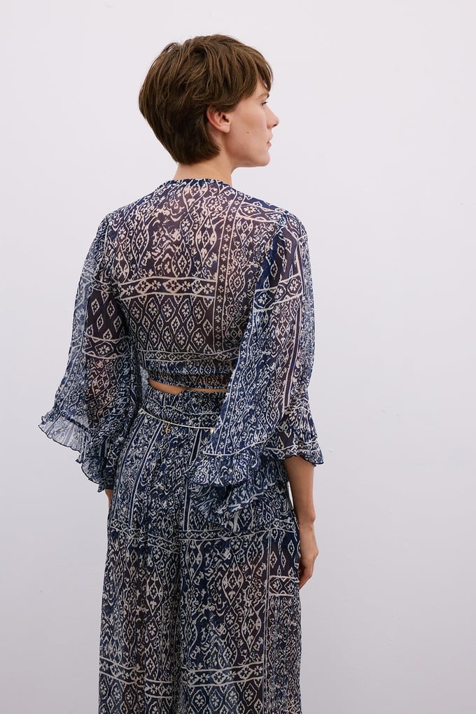 Tie-Front Patterned Navy Crop Blouse