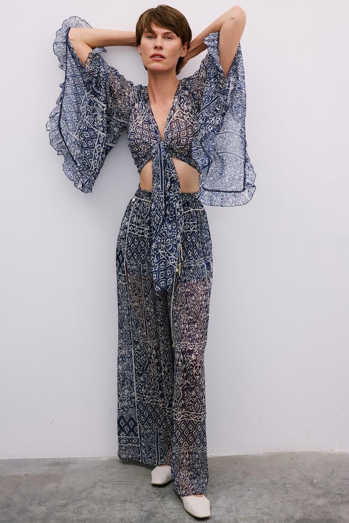Tie-Front Patterned Navy Crop Blouse