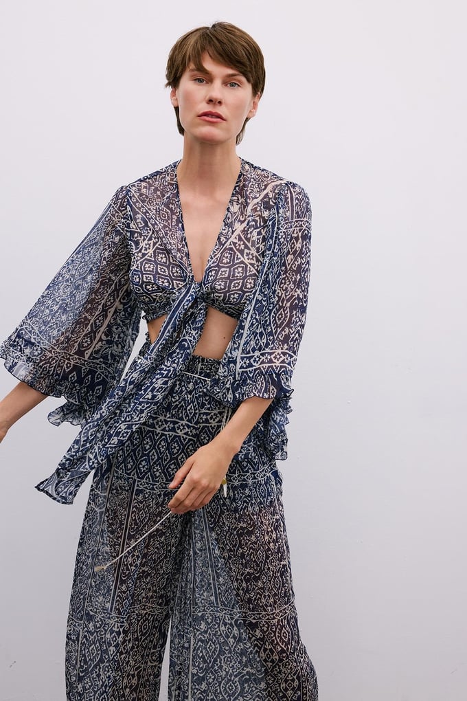 Tie-Front Patterned Navy Crop Blouse