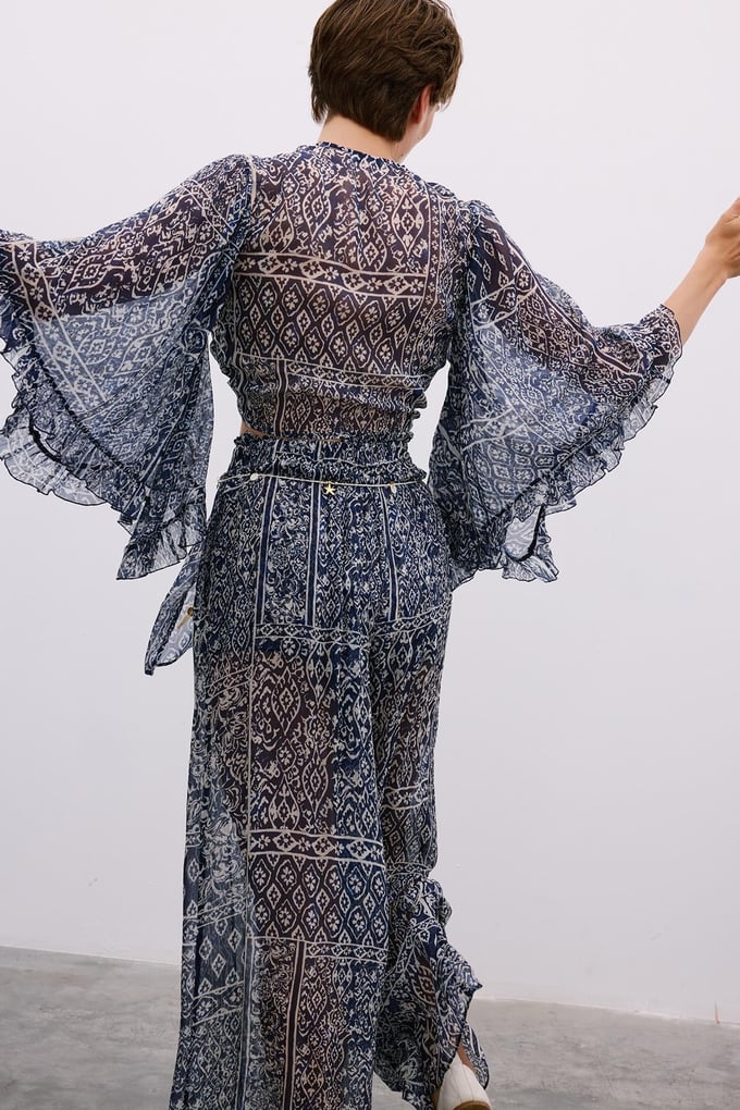 Tie-Front Patterned Navy Crop Blouse