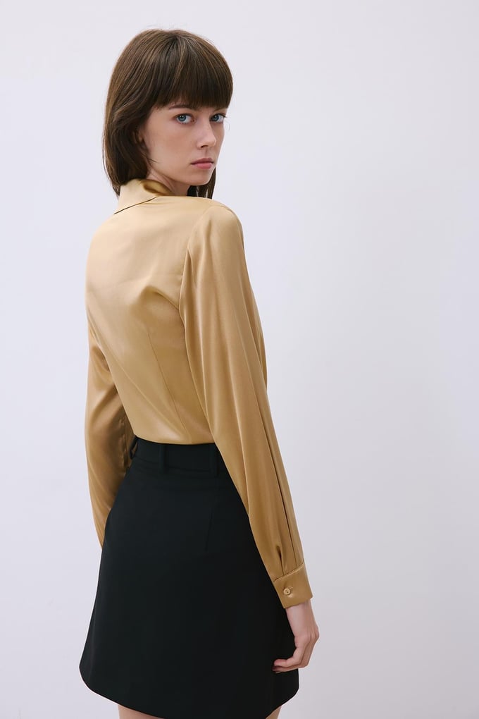 Silk Tie-Front Crop Gold Shirt Blouse  