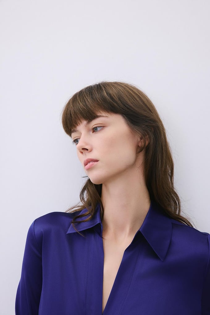 Silk Tie-Front Crop Navy Blue Shirt Blouse  