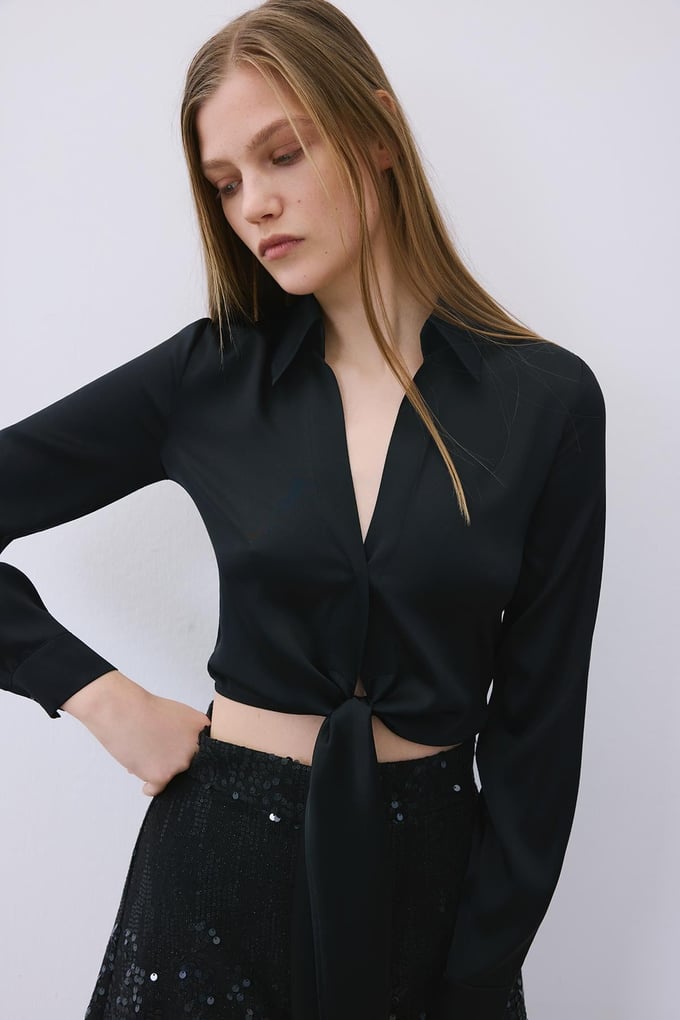 Silk Tie-Front Crop Black Shirt Blouse  