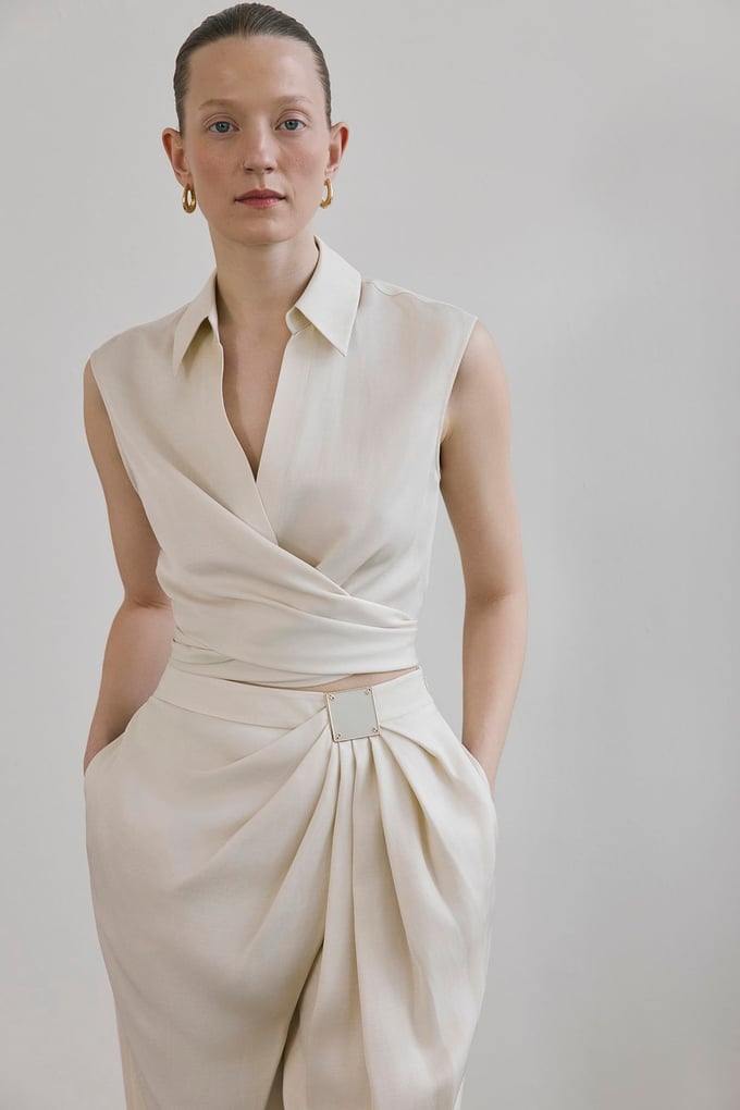 Tie Front Linen Blend Ecru Vest