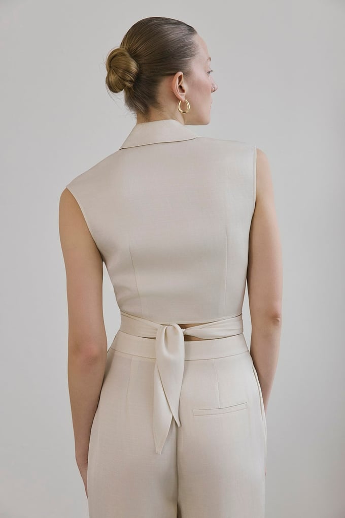 Tie Front Linen Blend Ecru Vest