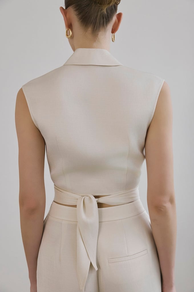 Tie Front Linen Blend Ecru Vest