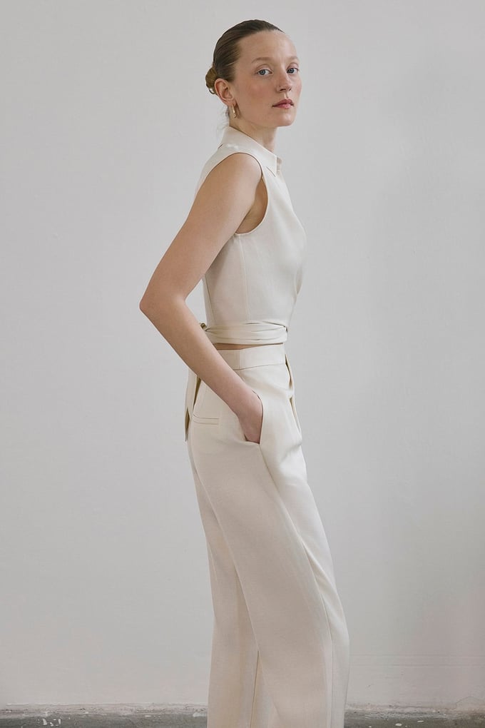 Tie Front Linen Blend Ecru Vest
