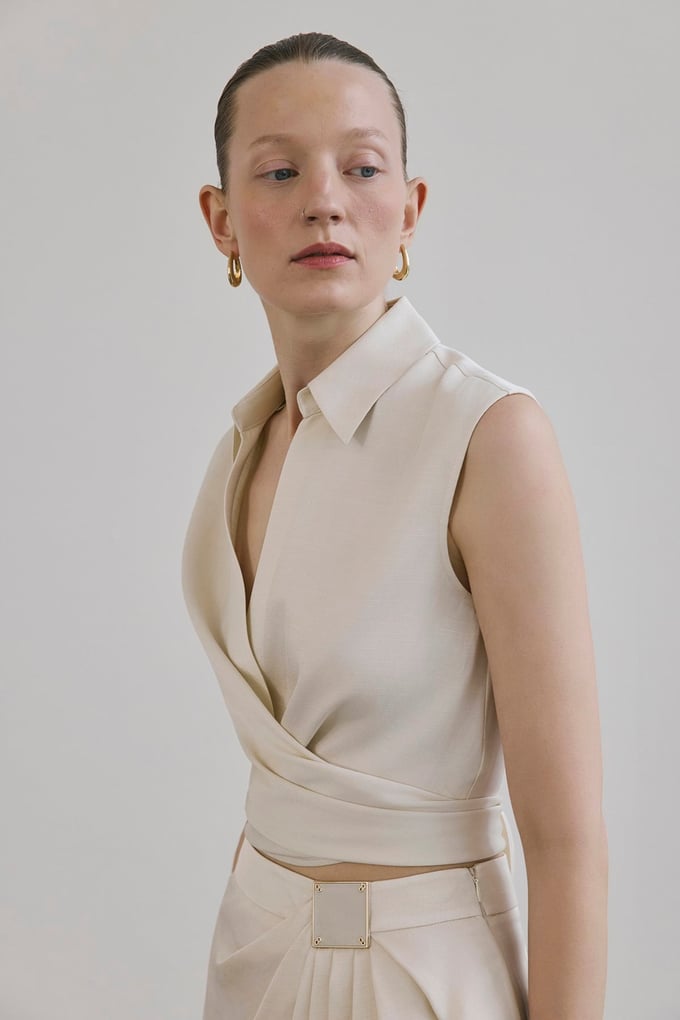 Tie Front Linen Blend Ecru Vest