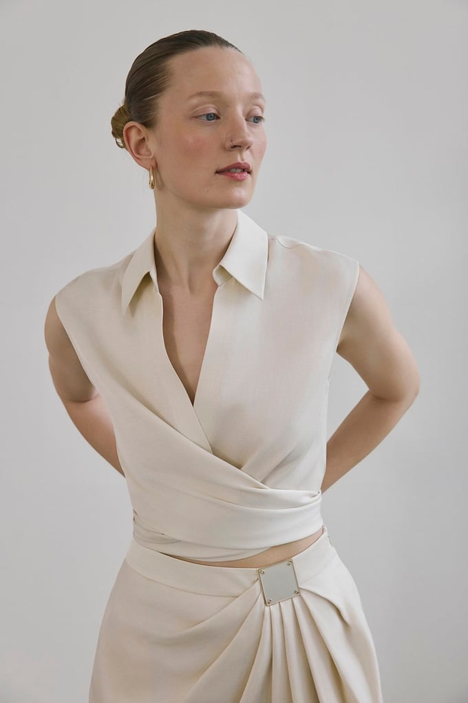Tie Front Linen Blend Ecru Vest