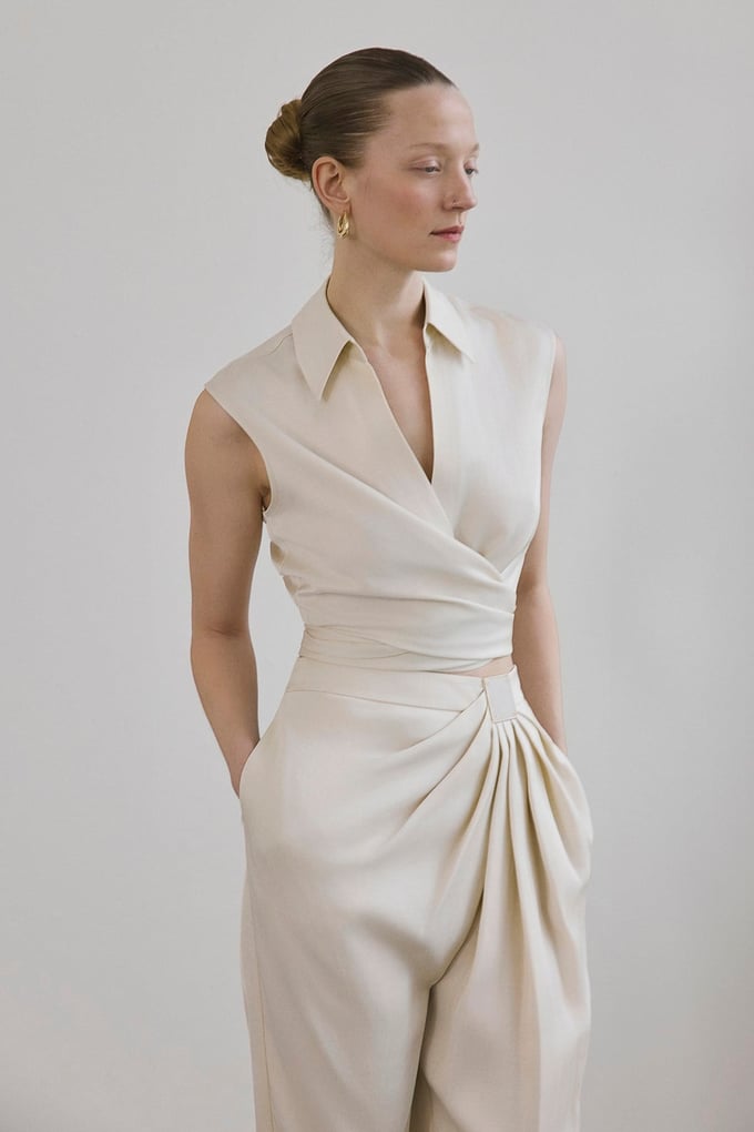 Tie Front Linen Blend Ecru Vest
